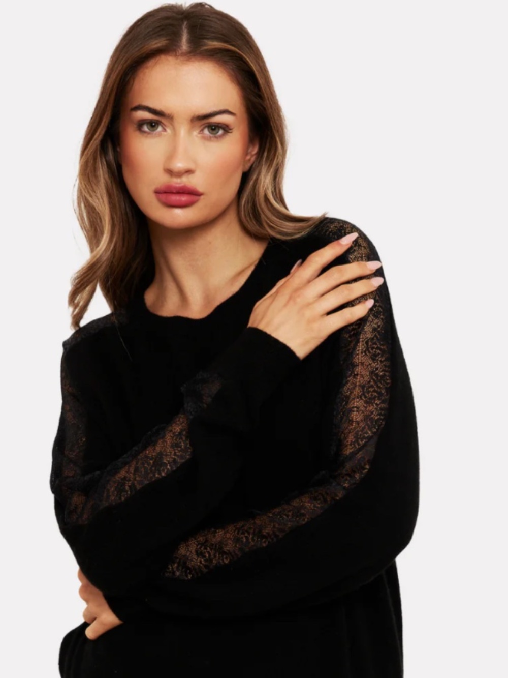 Brodie cashmere sweater with lace sleeve, size small